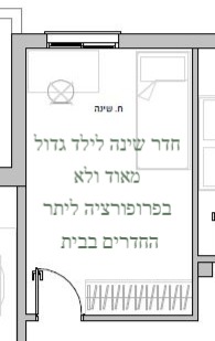 שרטוט חדר שינה לילד גדול ולא בפרופורציה ליתר הבית