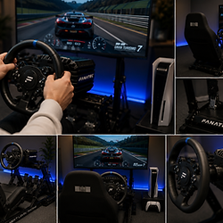 Portable race car simulator with steering wheel and pedals.