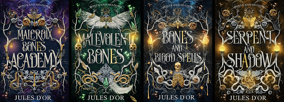 Cover spread of books 1-4 of the Bones and Shadow series