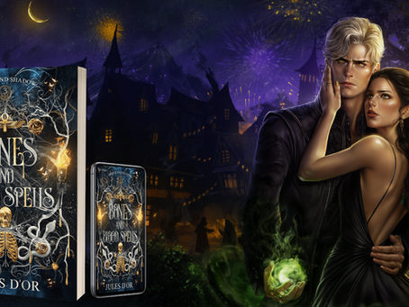 Promo image of my new release: Bones and Blood Spells (Bones and Shadow #3)