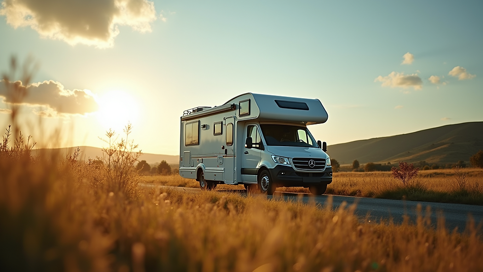 Eye-level view of a motorhome parked in a scenic countryside location