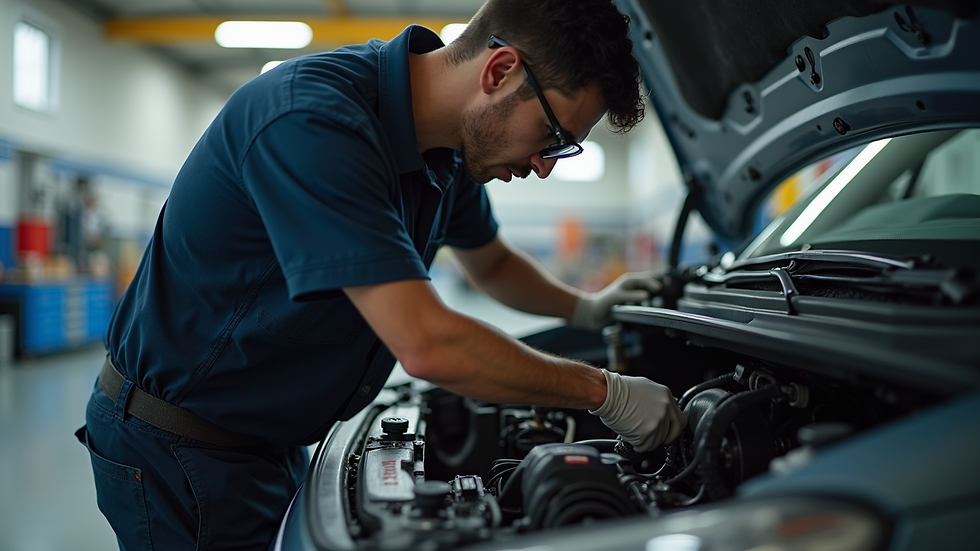 Close-up view of a mechanic inspecting a motorhome engine