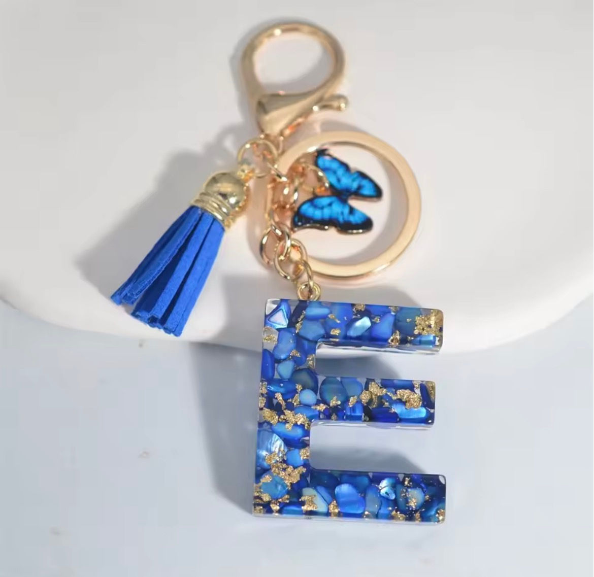 E - Initials Butterfly Resin Keychain Blue