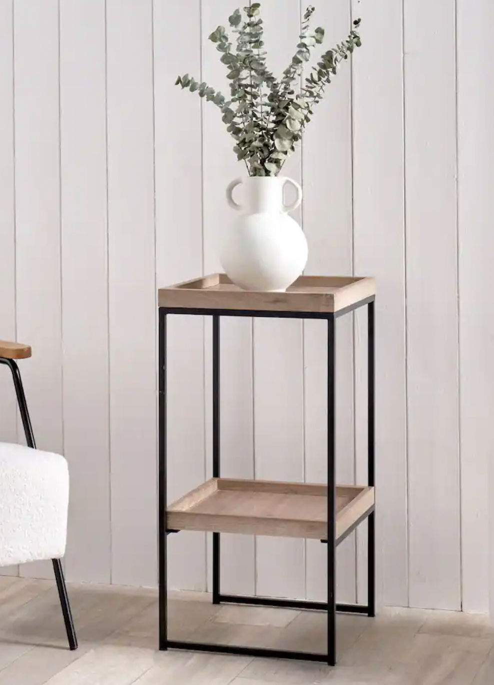 Pacific Natural Wood Veneer and Black Metal Side Table