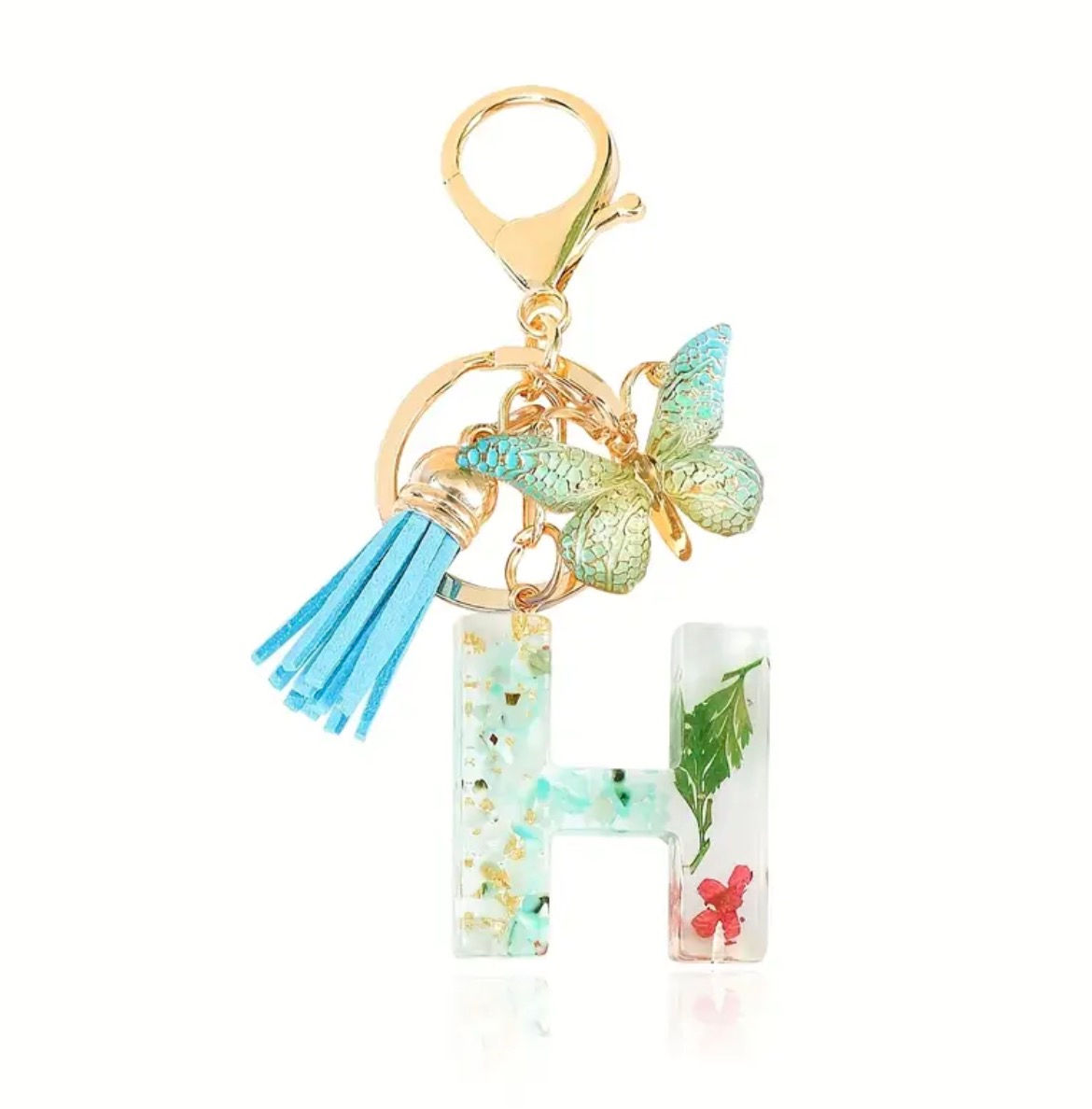 Letter-H Floral Butterfly Tassel Keychain colorful 