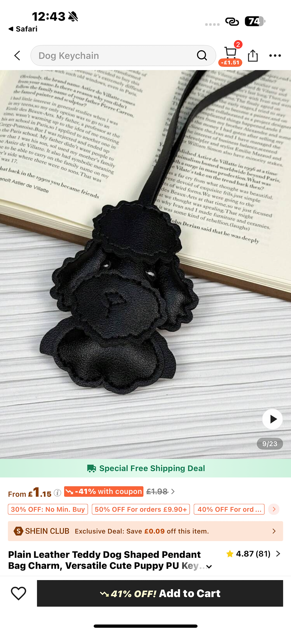 Teddy Dog Leather Keychain Black 