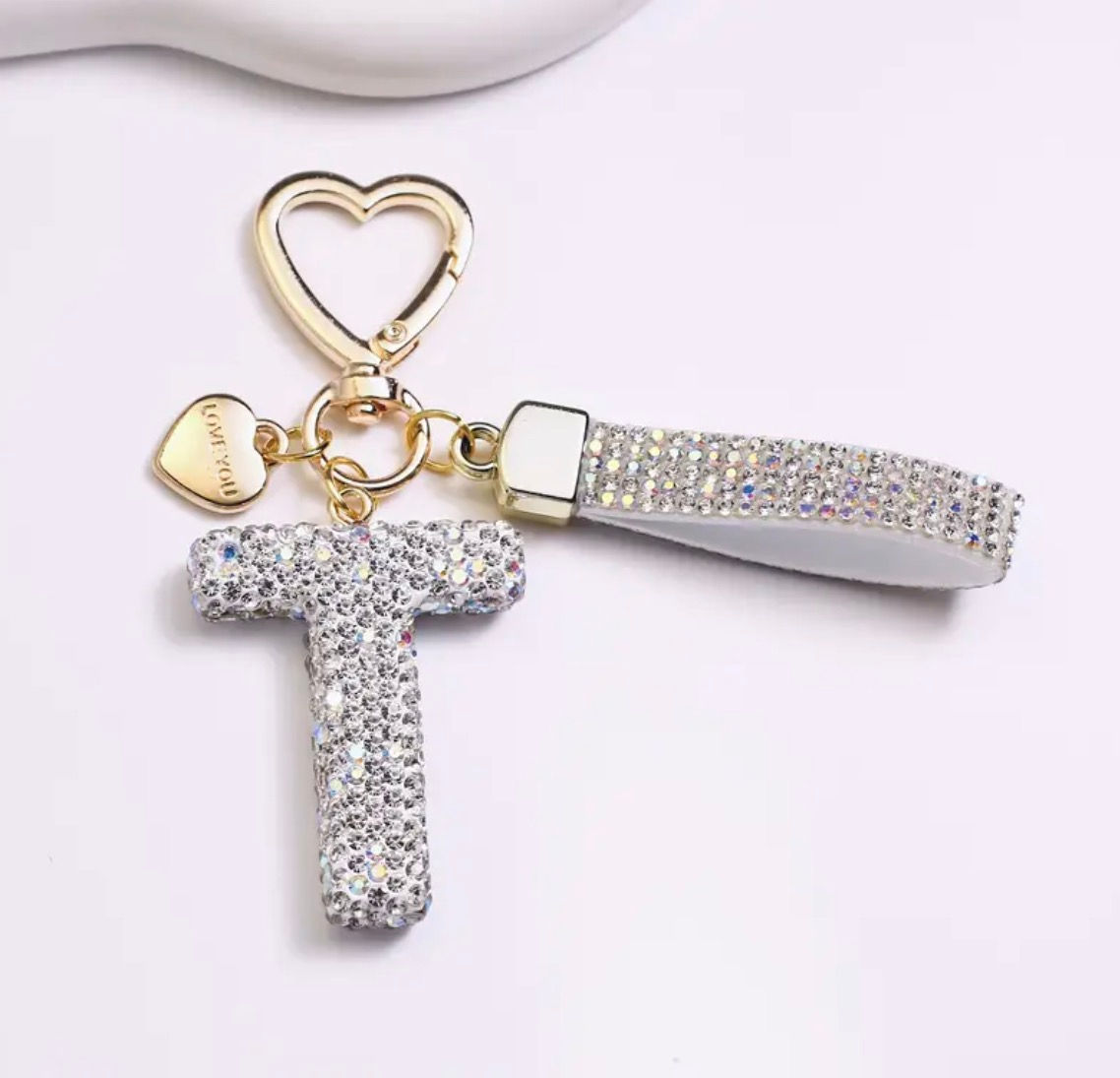 Sparkling Rhinestone Initial Keychain T-Silvery