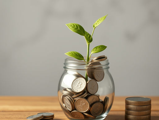 An image of a glass jar filled with coins, with a plant in the middle.