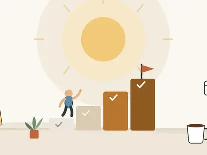 Illustration of a person climbing a staircase of habit-tracking blocks toward a flag, symbolizing how small daily habits compound into long-term success