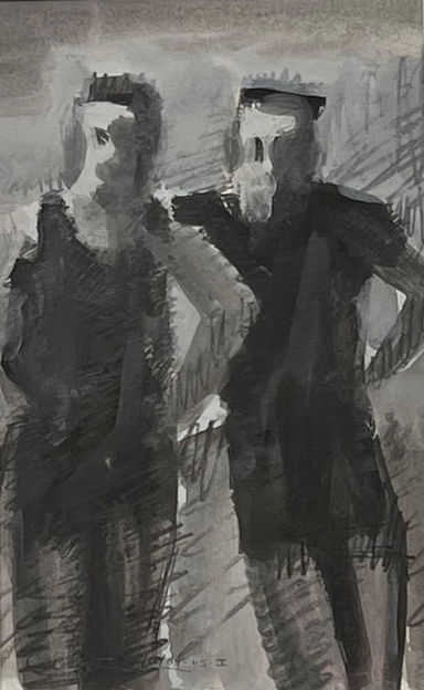 Gouache work on paper of a couple of people in swimwear