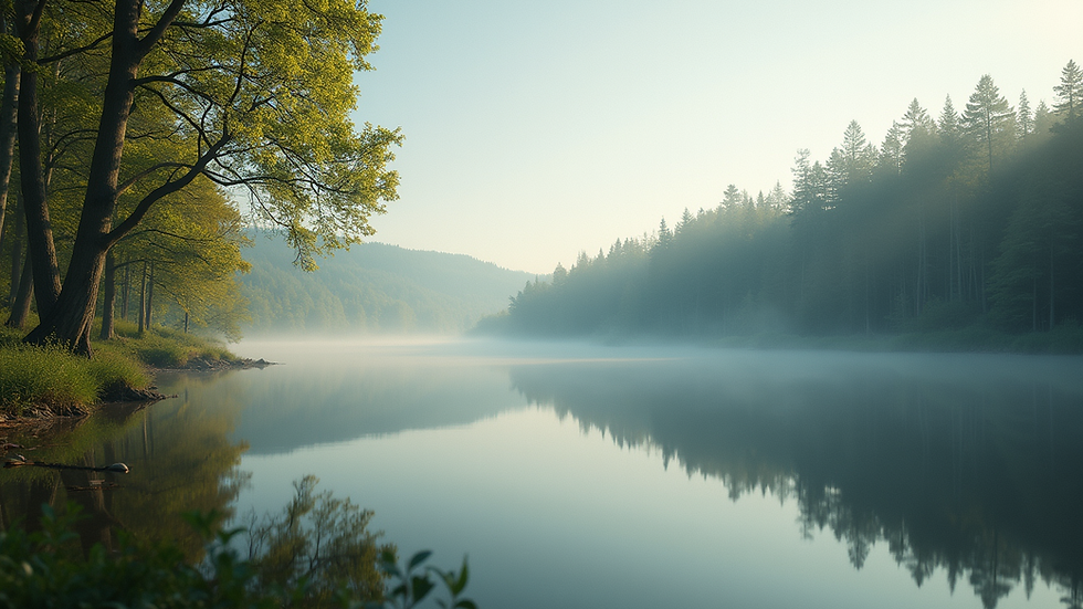 Close-up view of a serene nature scene with a calm lake and trees