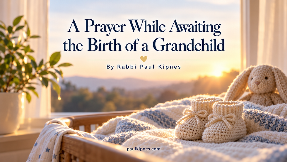 Handmade cream crocheted baby booties and a plush bunny on a soft blue-and-white blanket beside a sunlit window, beside the text of a prayer while awaiting a grandchild's birth.