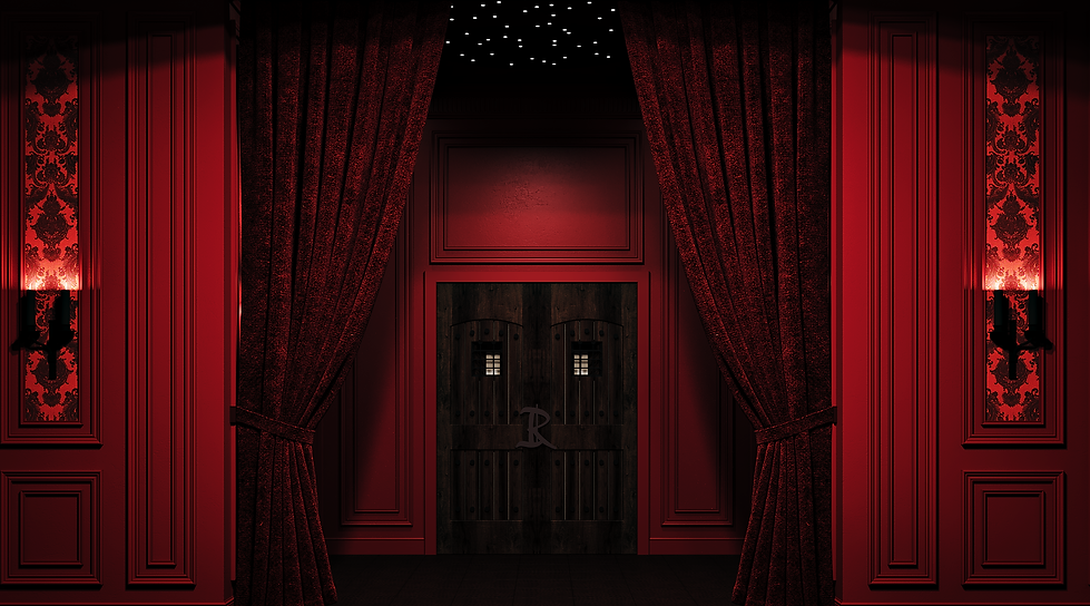 BDSM adult playroom dungeon entrance designed for a Dom/sub couple’s inspection ritual, featuring custom double doors with a family crest custom made door hardware, framed by rich red damask flocked wallpaper panels and sweeping red velvet drapery. Star-like ceiling lights create a celestial surprise to honour the submissive partner, while mirrored panels allow for full visual inspection. The space is softly illuminated with black satin-shaded sconces and black beeswax candles, setting a moody, sensual tone for their scene ritual. Toronto, Ontario, Canada