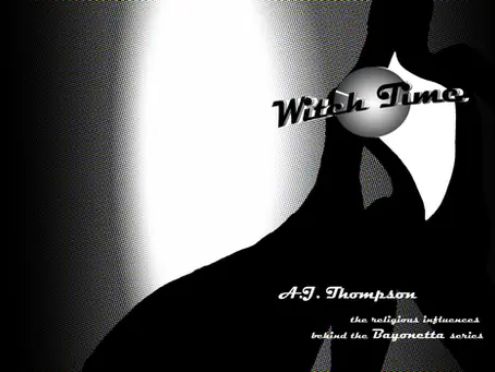 Cover of the book Witch Time, depicting Bayonetta's back in black and white