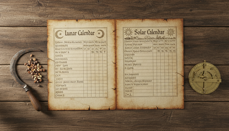 Overhead view of lunar and solar calendar pages placed beside farming tools