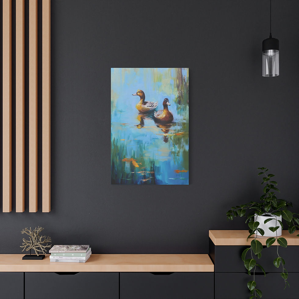 Thumbnail: Ducks on Quiet Pond Canvas Print | Peaceful Nature Art by Jenny Berry
