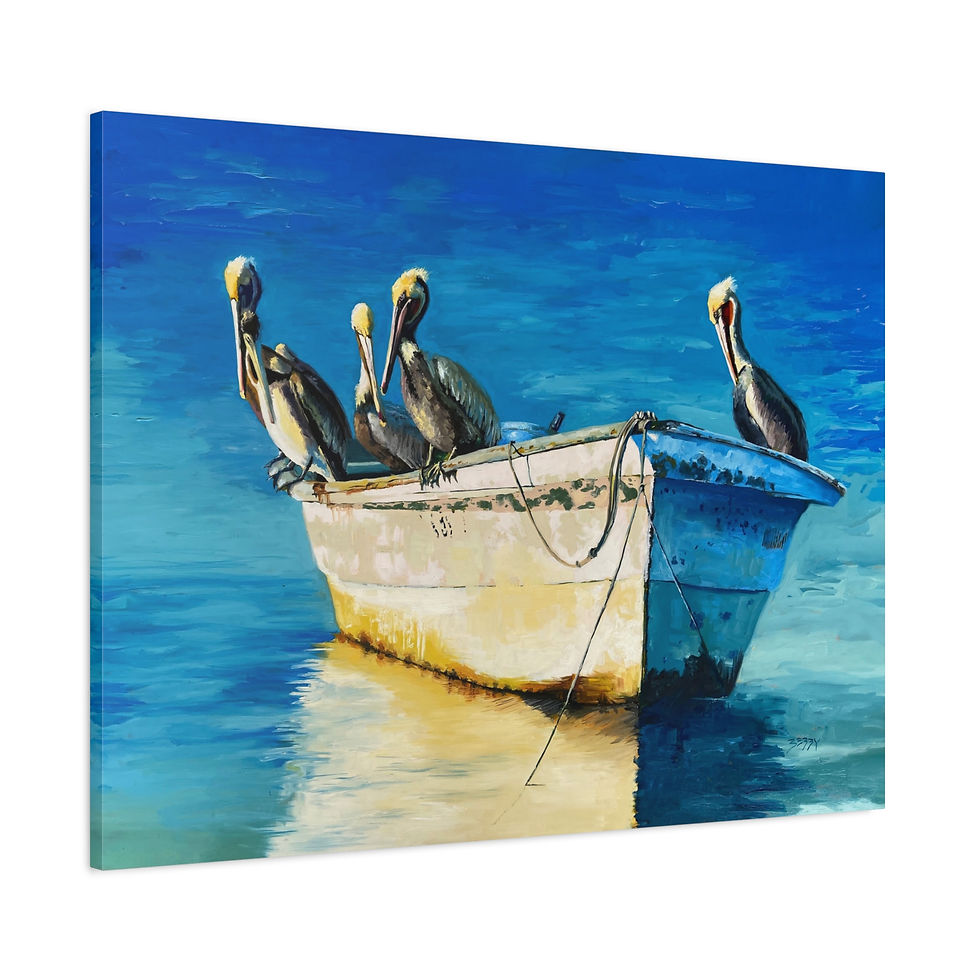 Thumbnail: Pelicans at Sunset in Row Boat Canvas Print | Coastal Nature Canvas Art by Jenny Berry