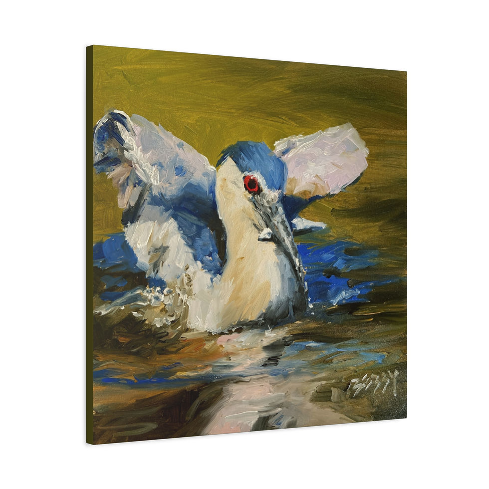 Thumbnail: Canvas print of night heron eating a fish oil painting by Jenny Berry side view