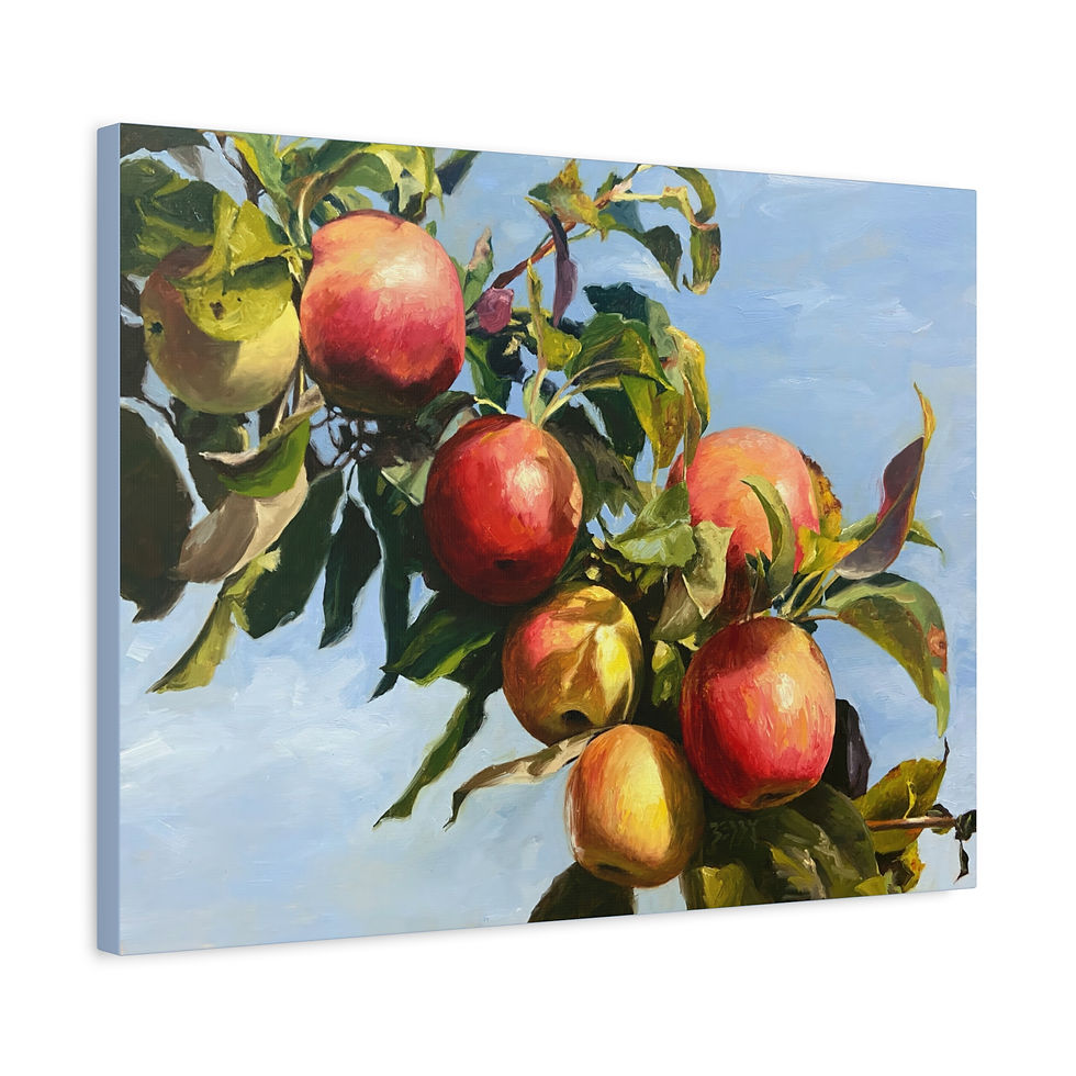 Thumbnail: Sunlit ripe honeycrisp Apples on branch with blue sky Still Life Canvas Print | Colorful Kitchen Art by Jenny Berry
