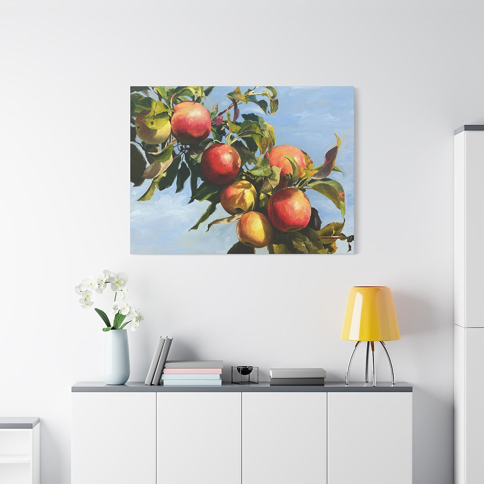 Thumbnail: Sunlit ripe honeycrisp Apples on branch with blue sky Still Life Canvas Print | Colorful Kitchen Art by Jenny Berry