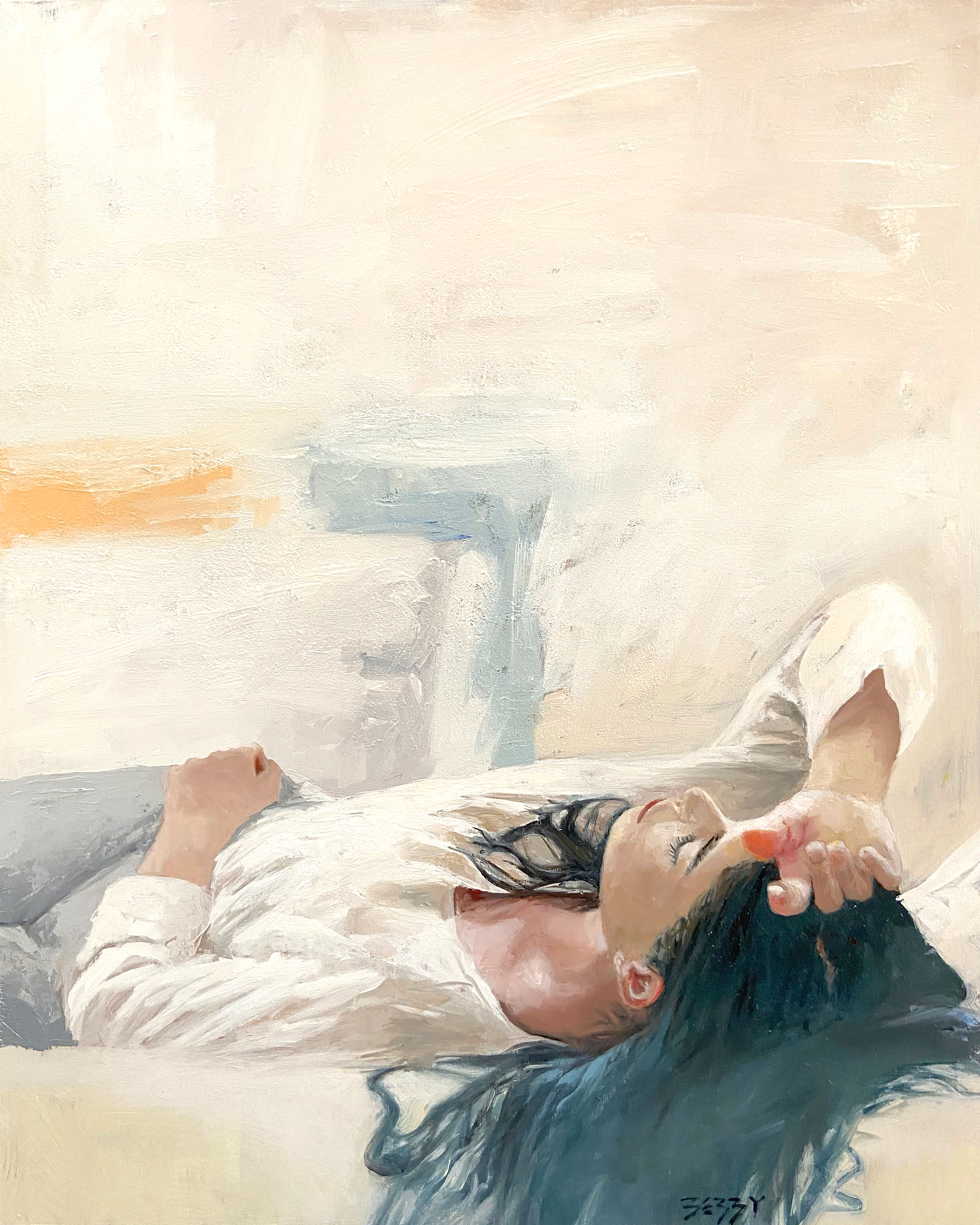 Portrait of woman relaxing oil painting by Jenny berry artist sarasota FL