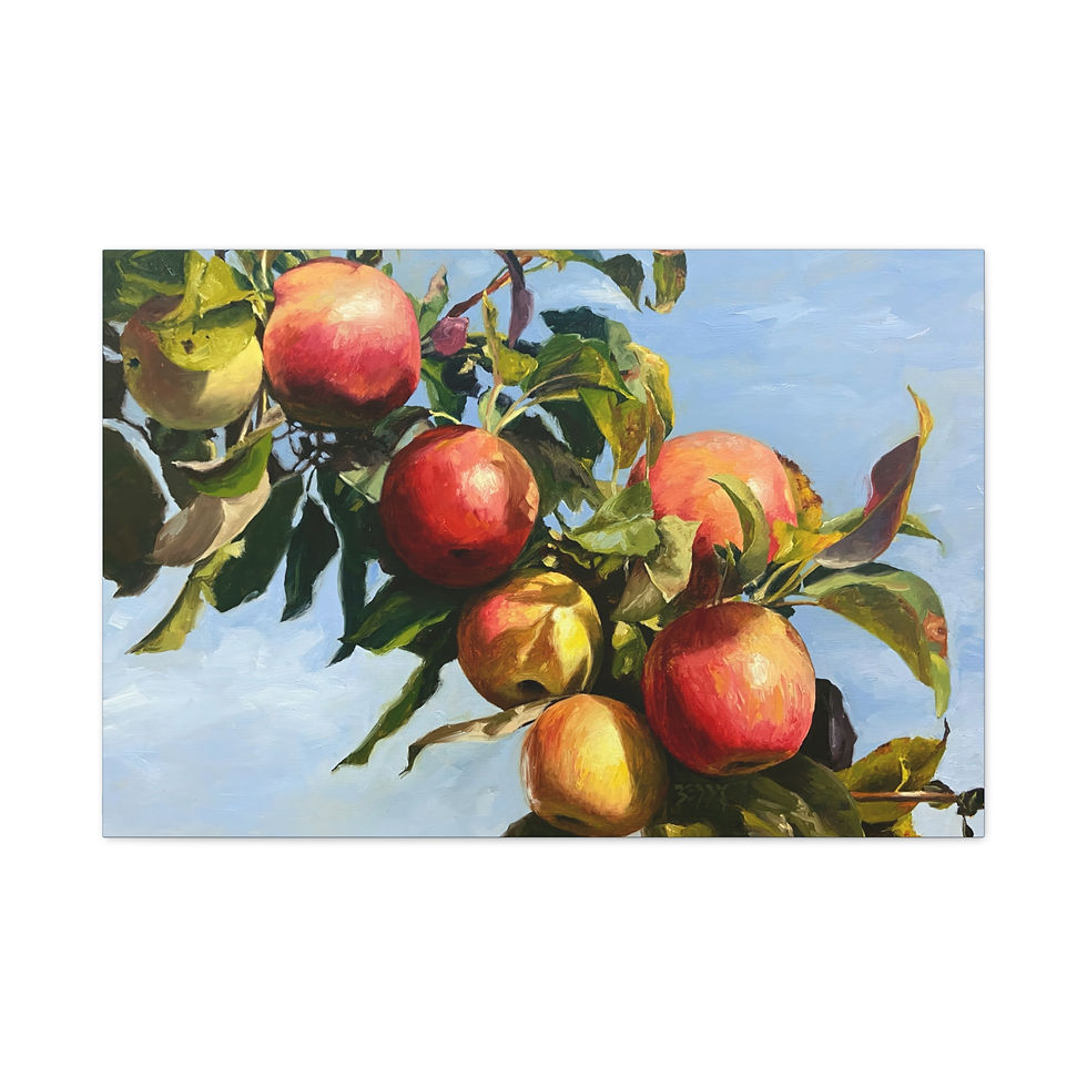 Thumbnail: Sunlit ripe honeycrisp Apples on branch with blue sky Still Life Canvas Print | Colorful Kitchen Art by Jenny Berry