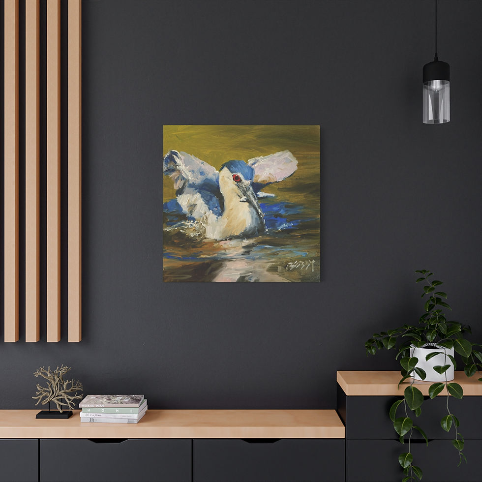 Thumbnail: Large canvas print of night heron bird eating a fish oil painting in a dark room