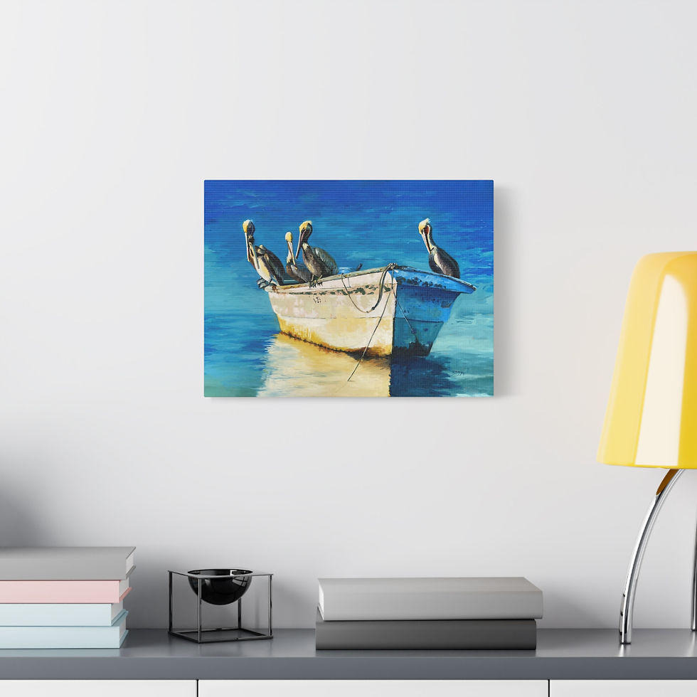 Thumbnail: Pelicans at Sunset in Row Boat Canvas Print | Coastal Nature Canvas Art by Jenny Berry