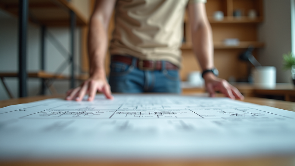Eye-level view of a contractor reviewing blueprints on a table