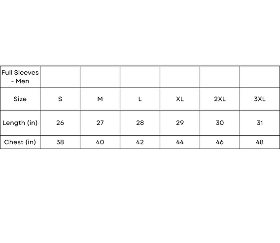 Men's Full Sleeves T-Shirt Size chart