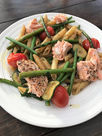 Spiced Salmon pasta, oven baked cherry tomatoes with asparagus, green beans and courgette