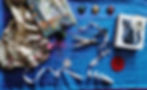 Textile supplies with scissors, lace, beads