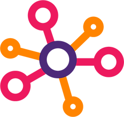 Icon of six small hollow colored circles connected by lines to a central circle