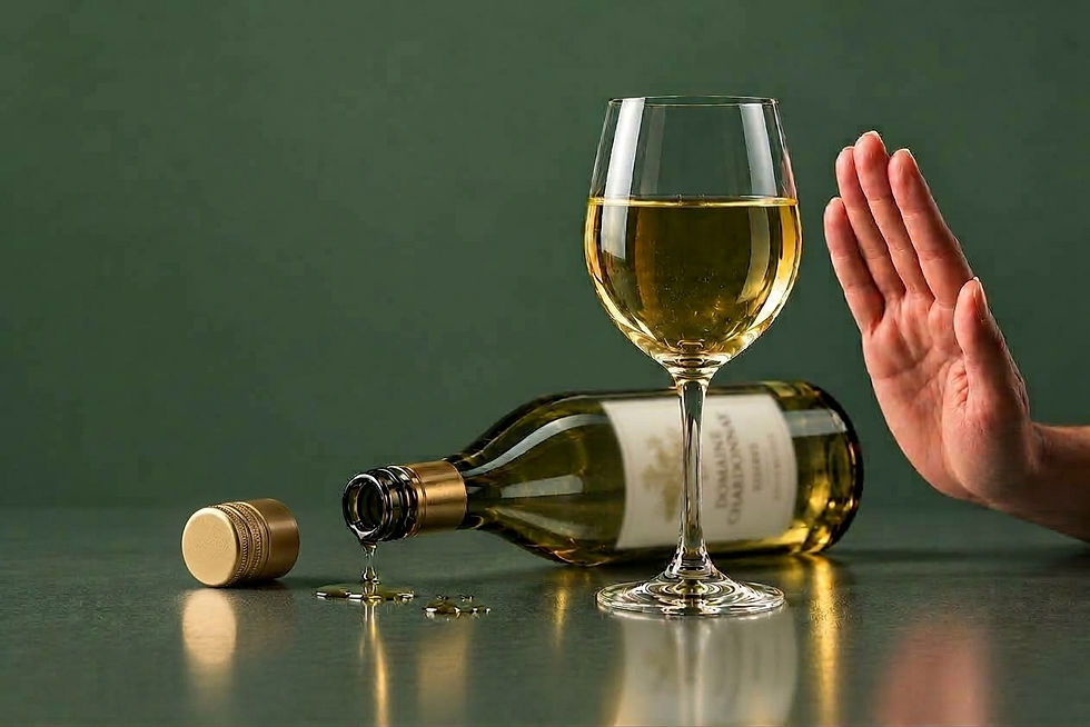 Emput wine bottle and full glass with a woman's hand saying Stop!