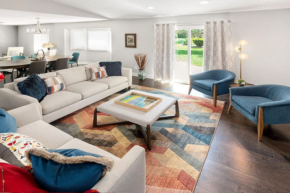 Contemporary living room furniture in blue and beige tones
