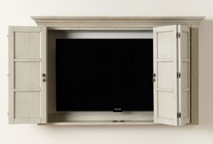 Wall tv hidden with wooden shutters