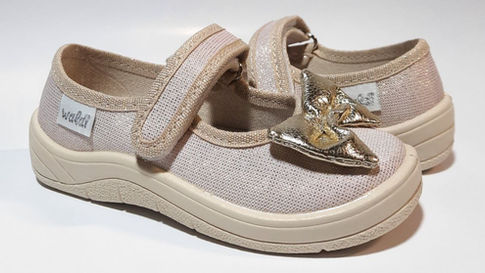 Бежеві блискучі тапочки для дівчинки Waldi Аліна 271-715 з золотим бантом
