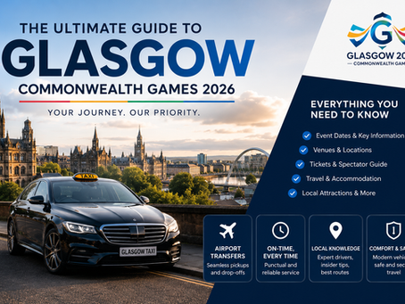 Luxury Glasgow taxi with city skyline for Commonwealth Games 2026 travel guide