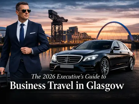 Business traveler standing in Glasgow with suitcase, city skyline, and executive travel icons.