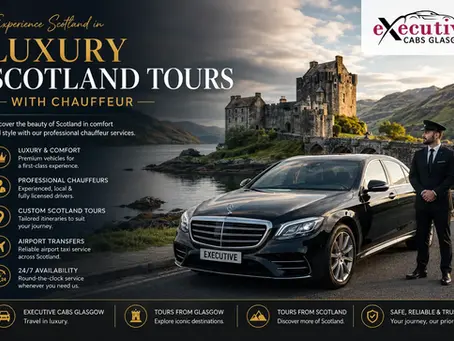Luxury chauffeur-driven Scotland tour with executive car overlooking Edinburgh Castle and scenic Scottish landscapes.