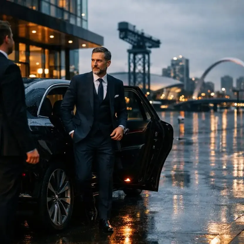 Executive traveler with taxi in Glasgow city centre.