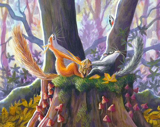 Eichhörnchen und Siebenschläfer versuchen die Nuss zu öffnen. Es geht nicht. Specht schaut hinter dem Baum hervor.