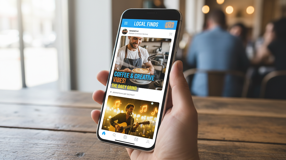 Close-up view of a smartphone displaying a social media post with local business content