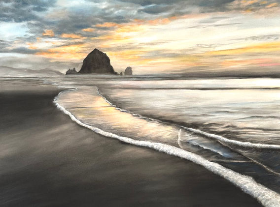 Sunset on beach at Haystack Rock in Cannon Beach, Oregon
Soft Pastel Painting by Dee Hendrix