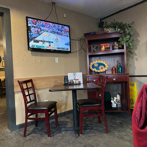 interior example of decor at kinsey's italian cafe in indiana tv table and shelf