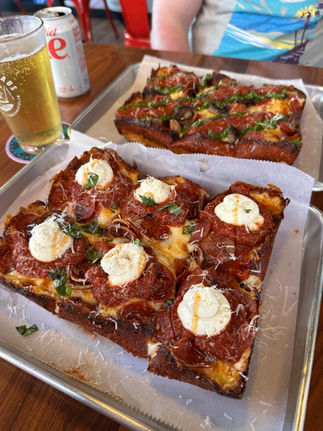 detroit style pizza with ricotta and hot honey
