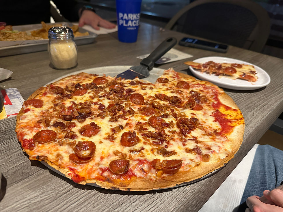 pepperoni and bacon pizza thin crust from parks place pub fishers indiana