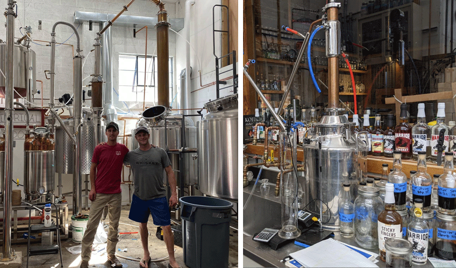 Left image shows Steamboat Whiskey Co's dedicated distillers standing in front of distillery equipment as it is installed, and the right image shows bottles and behind-the-scenes experimentation at the distillery.