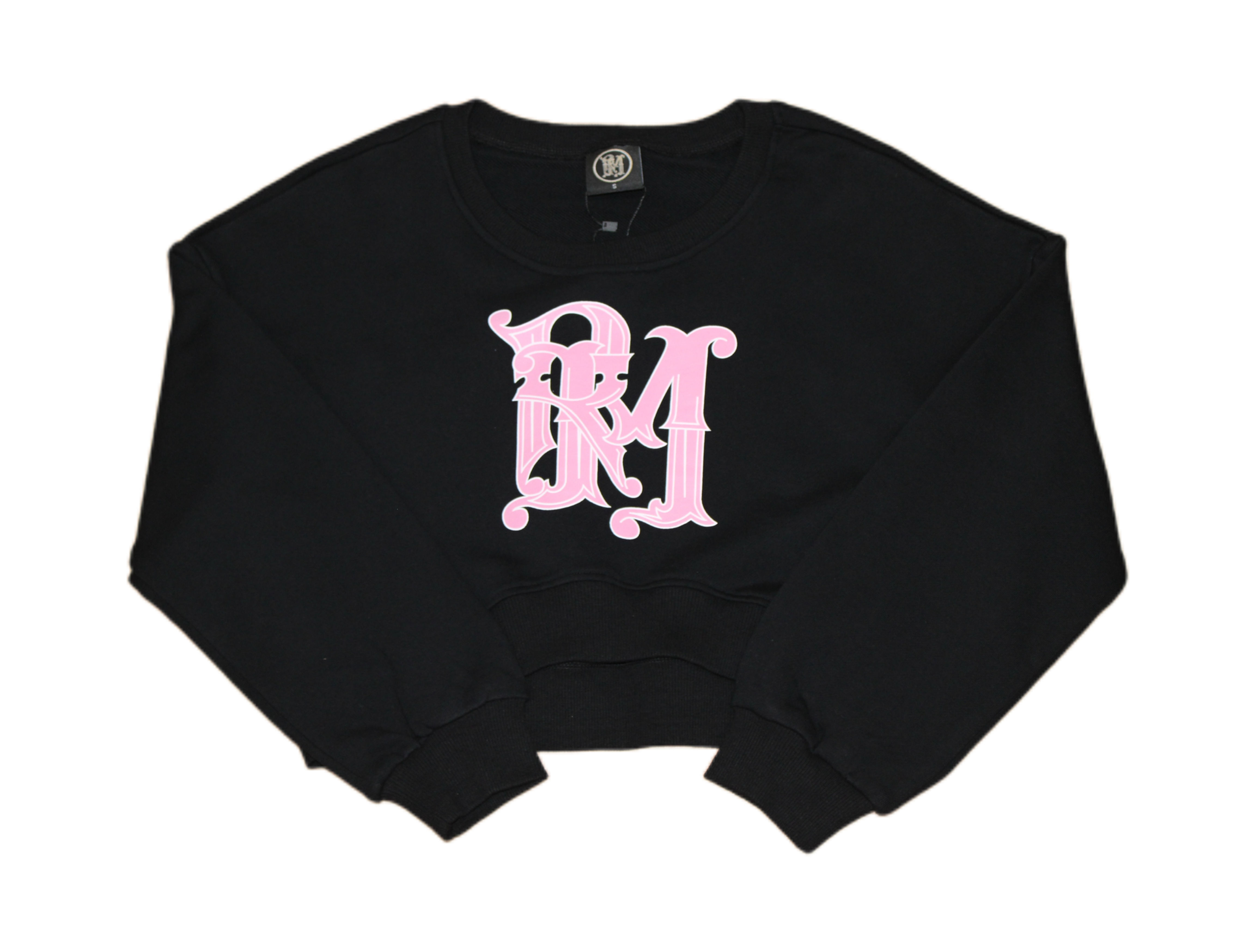 Black crop top with pink RM logo. RM Pink Screen Print Long Sleeve Crop Top.