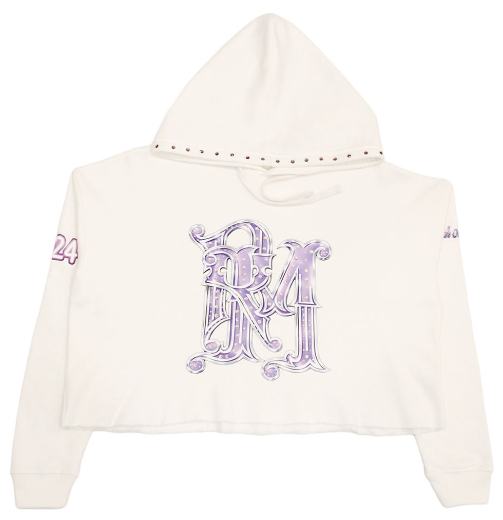 RM Aura hooded crop top by Rich Mercedes In white, cropped fit, subtle rhinestone RM logo, and rhinestone hood detailing